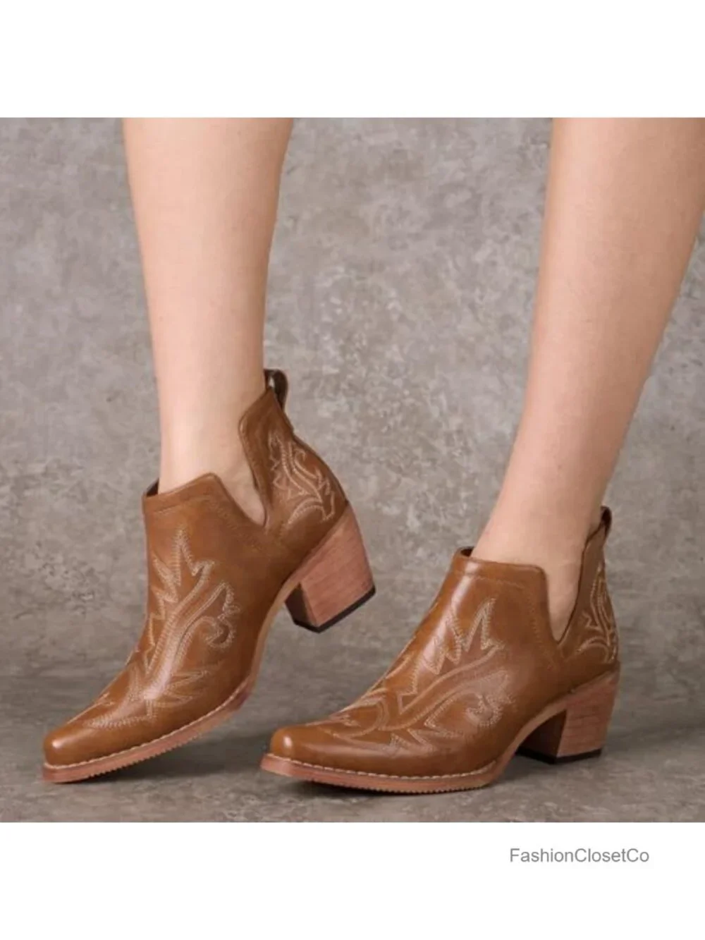 Women's Cowboy Ankle Booties with Chunky Stack Heels, Square Toe, Faux Leather